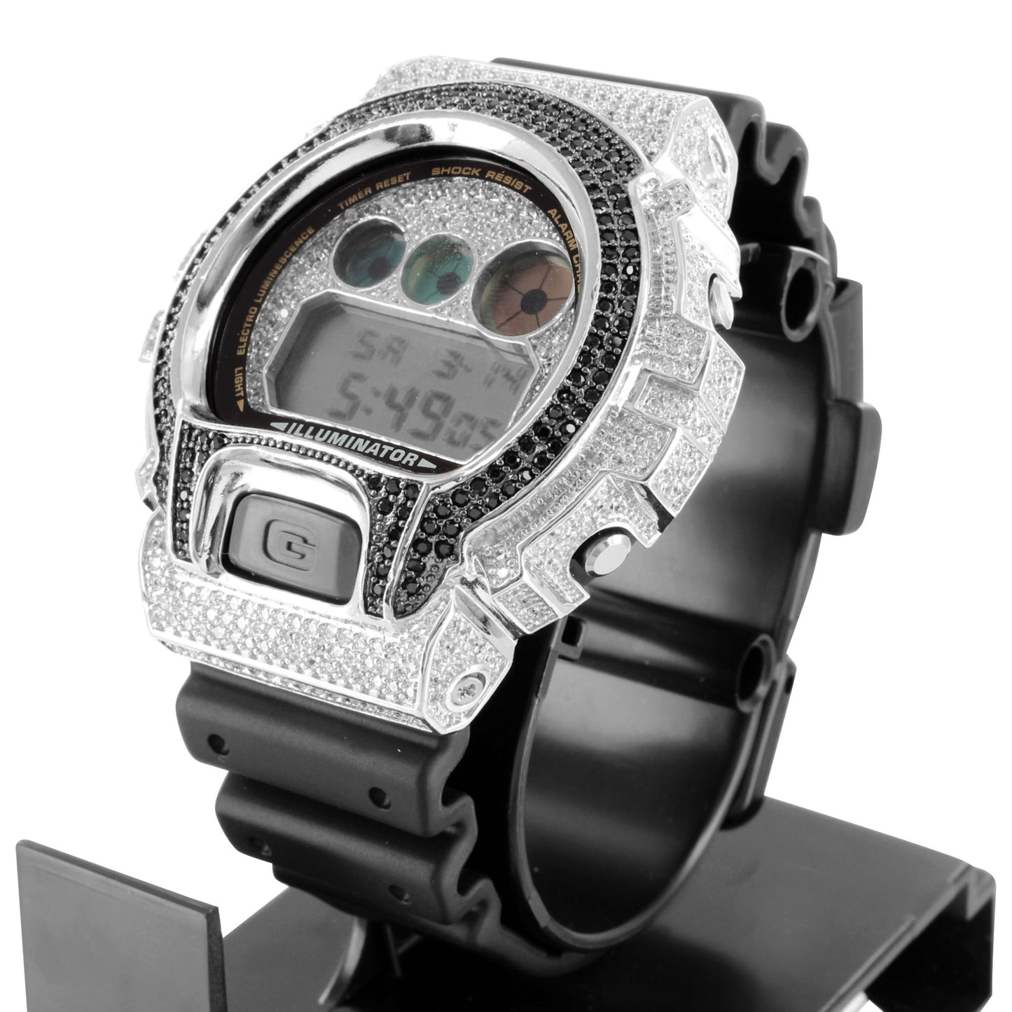 G Shock DW6900 Watch Silicone Band Black White Lab Diamond