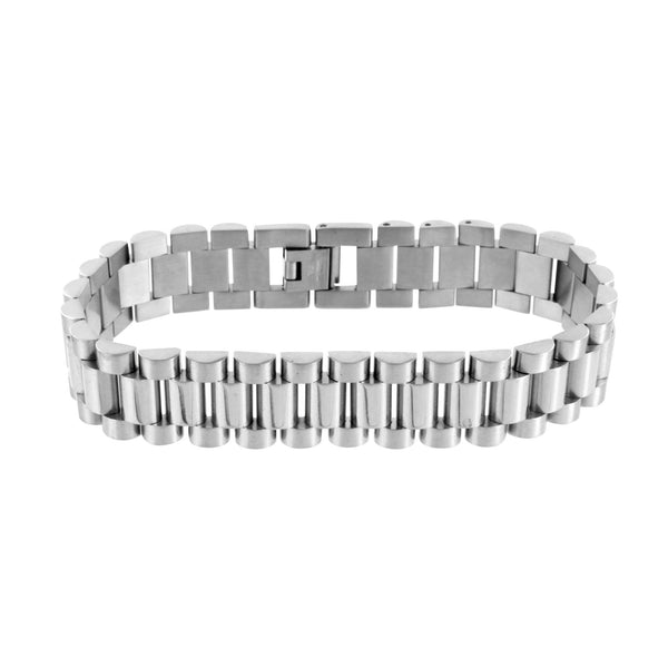 Presidential Style Mens Bracelet White Gold On Stainless Steel Elegant 15 MM