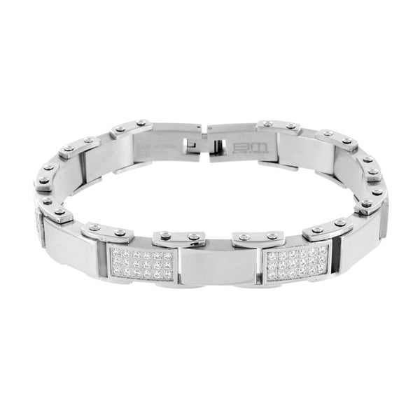 Stainless Steel Bracelet White Gold Finish Mens Simulated Diamonds