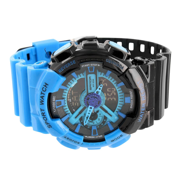 Sports Watch Black Blue Dial Silicone Band Digital Analog