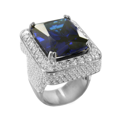 White Gold Tone Sapphire Gemstone Emerald Cut CZ 925 Silver Ring