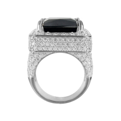 Black Onyx Solitaire Gemstone CZ White Gold Finish Sterling Silver Ring