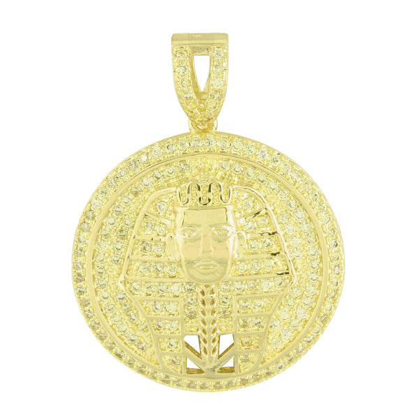Egyptian Pharaoh Round Canary Pendant 14K Yellow Gold Finish With Chain
