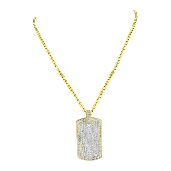 Mens Dog Tag Design Pendant Simulated Diamonds 14K Gold Finish Steel Necklace