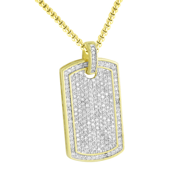 Mens Dog Tag Design Pendant Simulated Diamonds 14K Gold Finish Steel Necklace