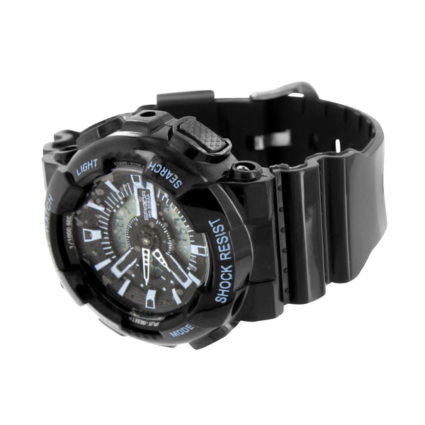 Round Black Light Blue Digital-Analog Watch