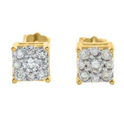 Gold Tone Flower Cluster Square Silver Lab Diamond Earrings