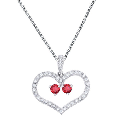 Ladies Heart Shape 2 Red Stone Forever Us Pendant 0.11ct CZ 925 Silver Necklace