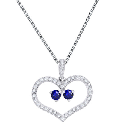 Forever Us 2 Stone Heart Pendant Cubic Zircon Blue Solitaire .925 Silver Chain
