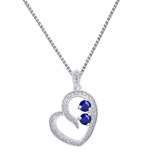 Sterling Silver Heart Forever Us Pendant 2 Solitaire Blue Cubic Zircon 24" Chain