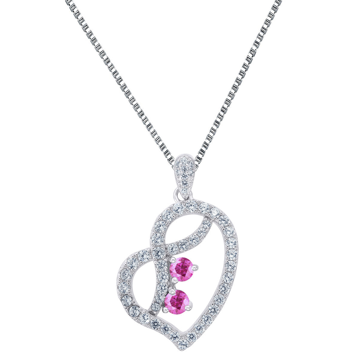 Heart Pendant 2 Solitaire Pink CZ Round Cut 24" Chain Forever Us 925 Silver