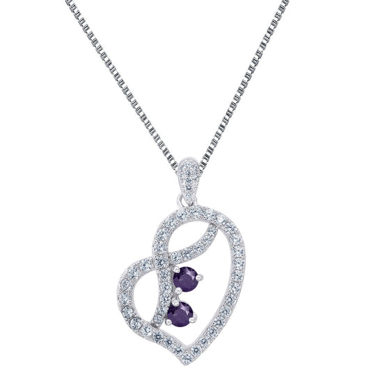 Womens Heart Design Pendant Necklace Forever Us Purple 2 Solitaire CZ 925 Silver