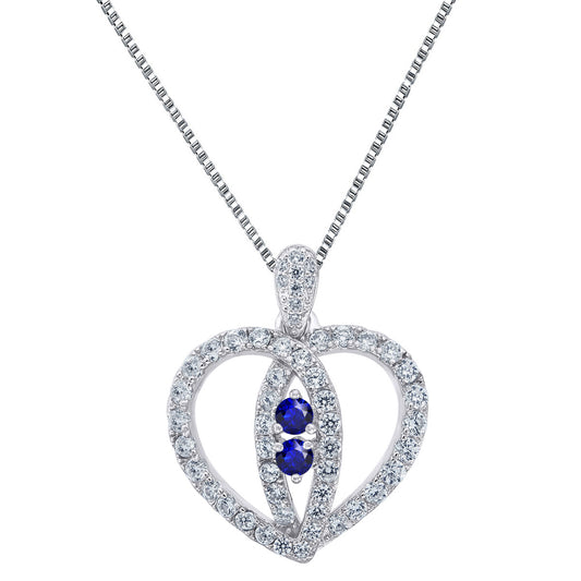 Women Heart Pendant Forever Us Blue 2 Solitaire CZ Sterling Silver 0.9" Charm