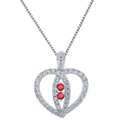 Sterling Silver Forever Us Heart Pendant 2 Row Red Solitaire CZ 24 Inch Necklace