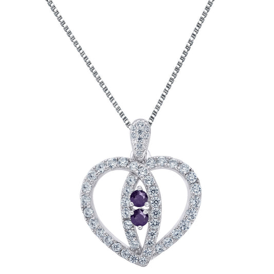 Forever Us Heart Pendant 925 Silver Purple 2 Solitaire Simulated Diamonds Chain