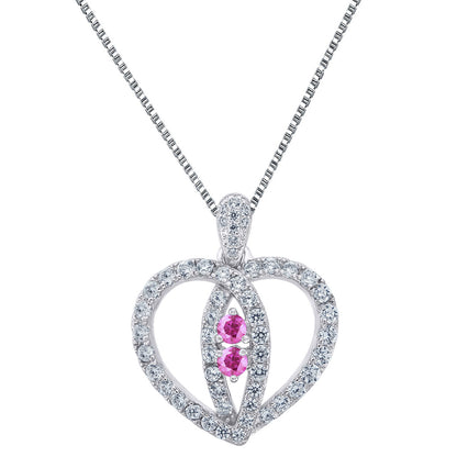 Ladies Heart Pendant 2 Solitaire Pink Cubic Zironia Sterling Silver 24" Chain