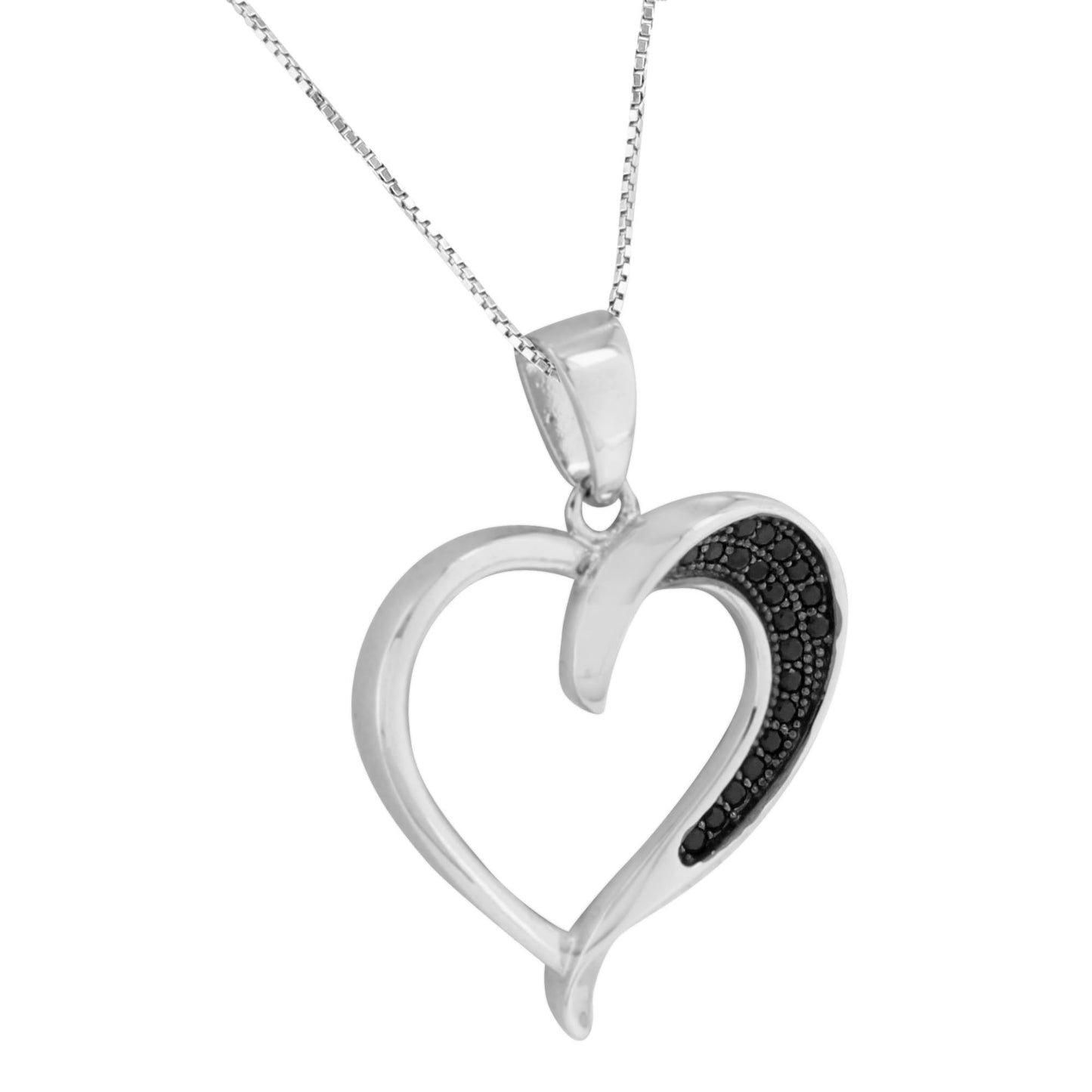 Womens Heart Design Pendant Sterling Silver Black Simulated Diamonds Free Chain