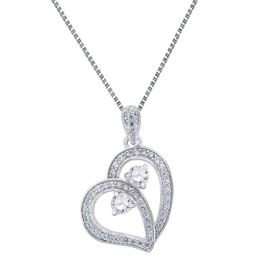 Womens Forever Us Heart 2 Solitaire Pendant 18" Chain Mini 0.9" Charm 925 Silver