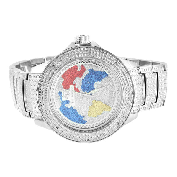 Genuine Diamond World Map Dial Multi Color Ice Time White Finish Watch