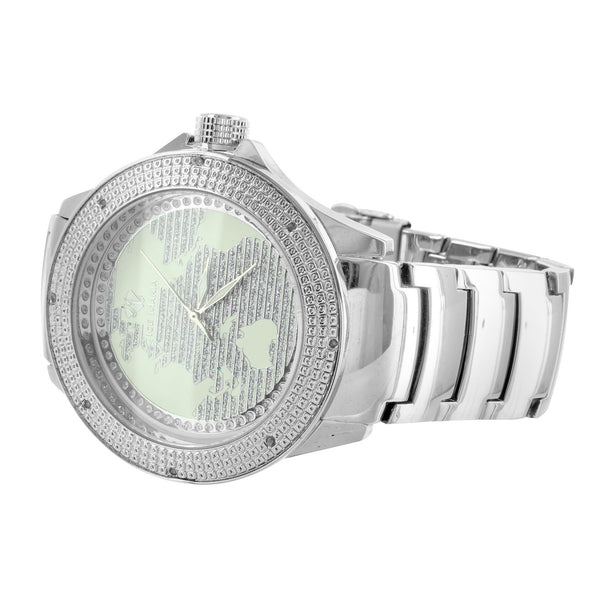 Real Diamond All White World Map Dial Mens Watch 14k White Gold Finish