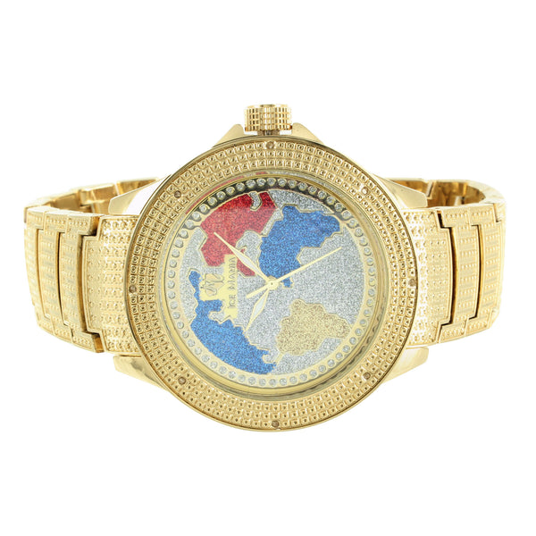World Map Globe Dial Design Gold Finish Ice Mania Diamond Watch