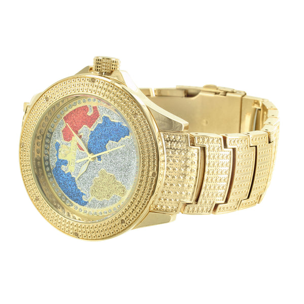 World Map Globe Dial Design Gold Finish Ice Mania Diamond Watch