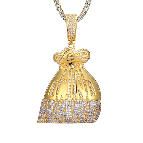 Grind Hard Gold Tone Money Dollar Bag Custom Pendant Chain