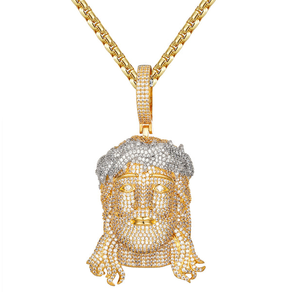 Gold Tone Holy Jesus Christ Face Icy Two Tone .925 Silver Pendant