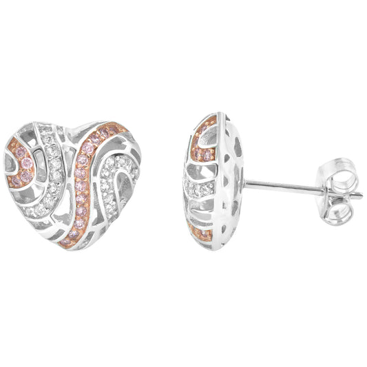 Sterling Silver Designer Bling 3D Women's Heart Push Back Earrings