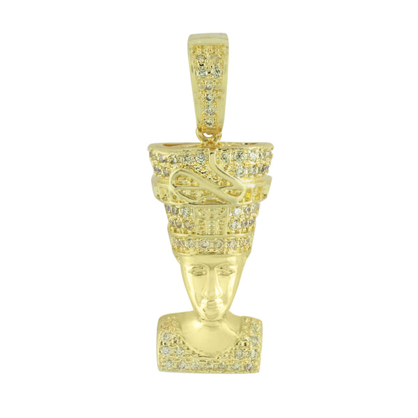 Nefertiti Queen Of Egypt Pendant Simulated Diamonds Yellow Gold Finish 1.3 Inch