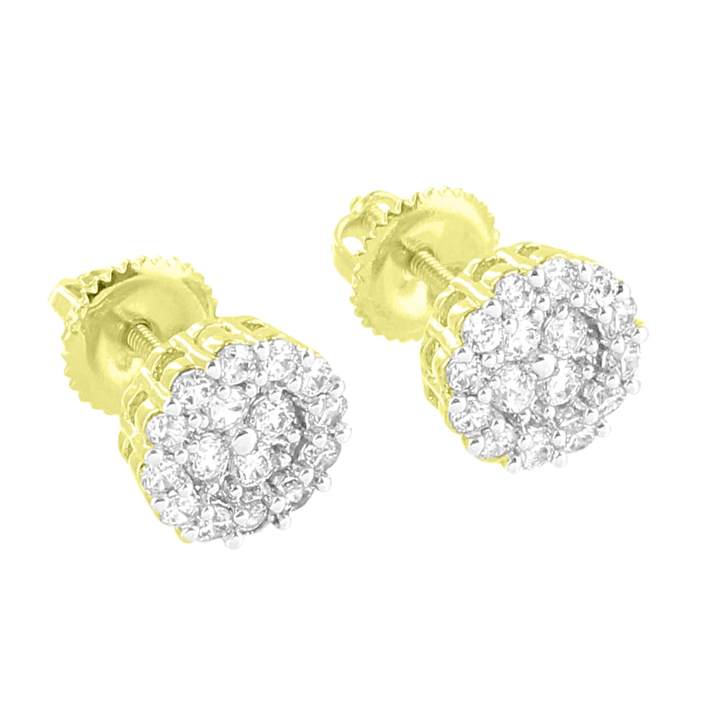 Round Cluster Set Earrings Screw On Bling Simulated Diamonds 14K Gold Finish Studs