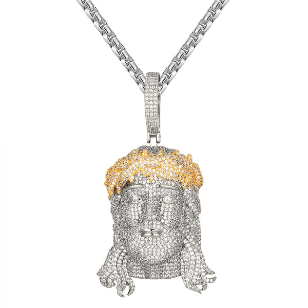White Gold Finish Yellow Crown 3D Icey Jesus Pendant