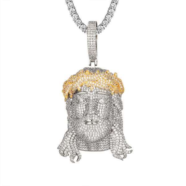 White Gold Finish Yellow Crown 3D Icey Jesus Pendant