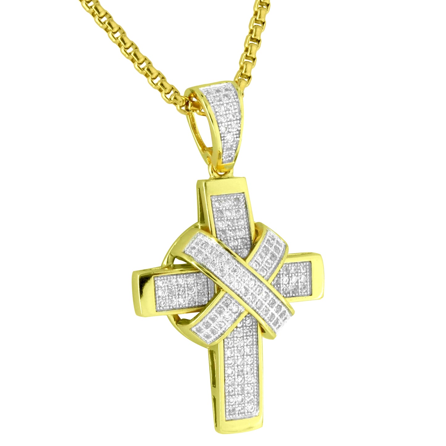 Ribbon Design Cross 14k Gold Plated Lab Diamonds  Stainless Steel Necklace