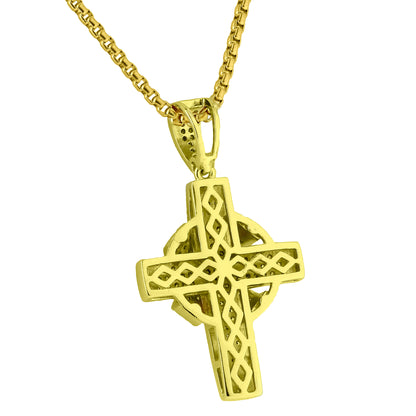 Ribbon Design Cross 14k Gold Plated Lab Diamonds  Stainless Steel Necklace