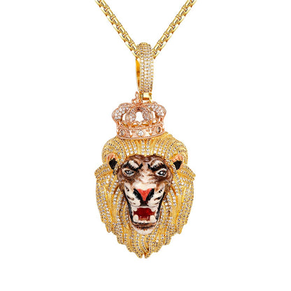 Yellow Gold Tone Roaring Lion 3D Icy Sterling Silver Mens Pendant