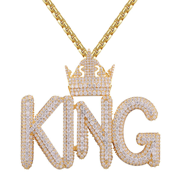Icy King Crown 3D Icy 925 Silver 14K Gold Tone Mens Pendant