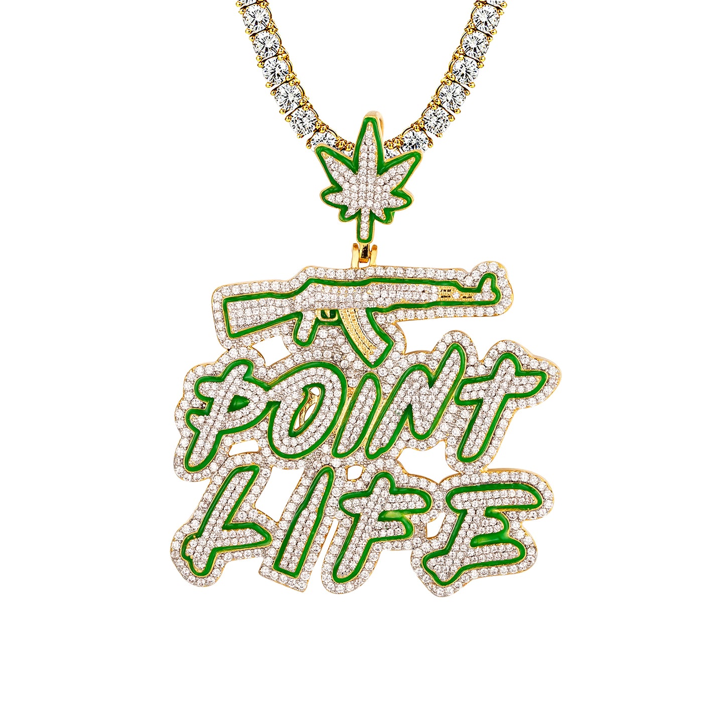 Marijuana Leaf Gun Point Life Green Enamel Icy Custom Pendant