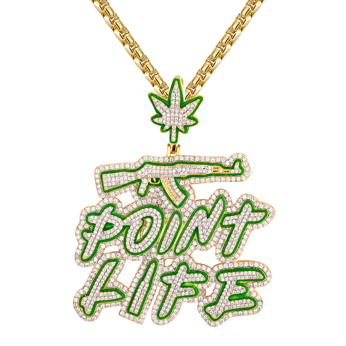 Marijuana Leaf Gun Point Life Green Enamel Icy Custom Pendant