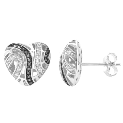 Sterling Silver Black &White Designer 3D Heart Shape Push Back Earrings