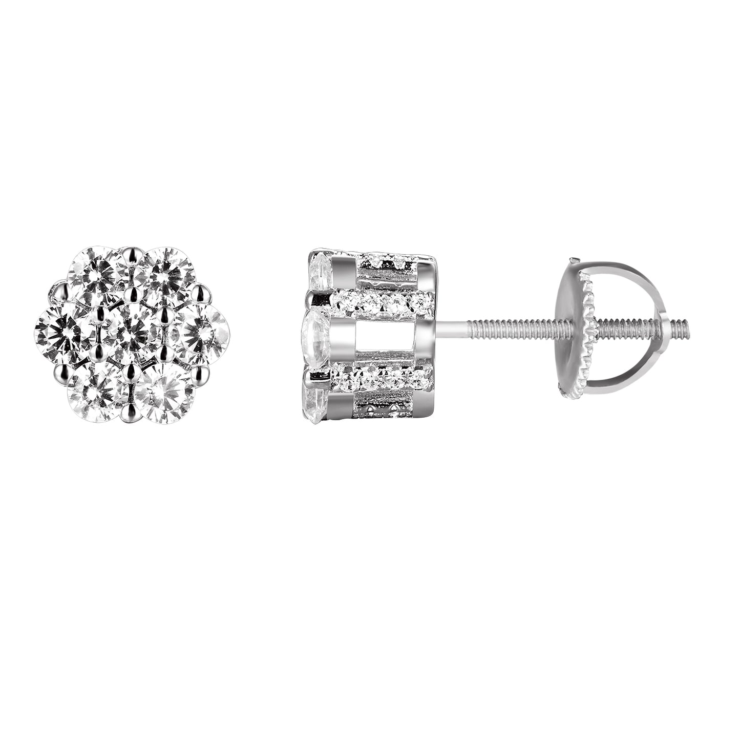 Sterling Silver Cluster Solitaire Screw Back Stud Earrings