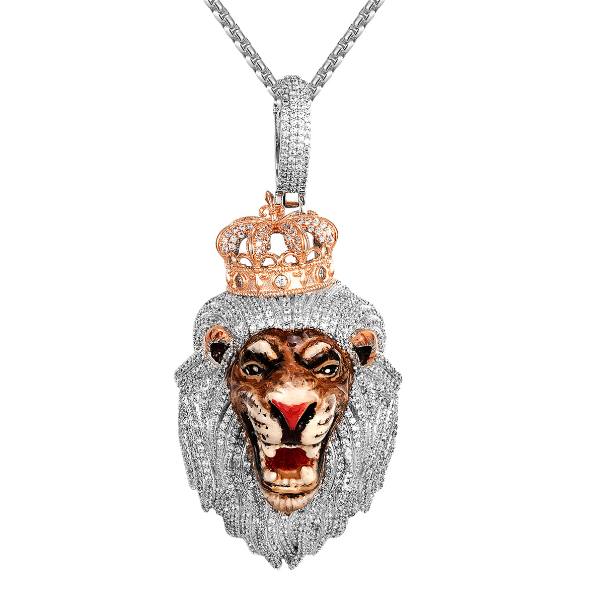 Sterling Silver Roaring Lion Two Tone White Gold 3D Pendant