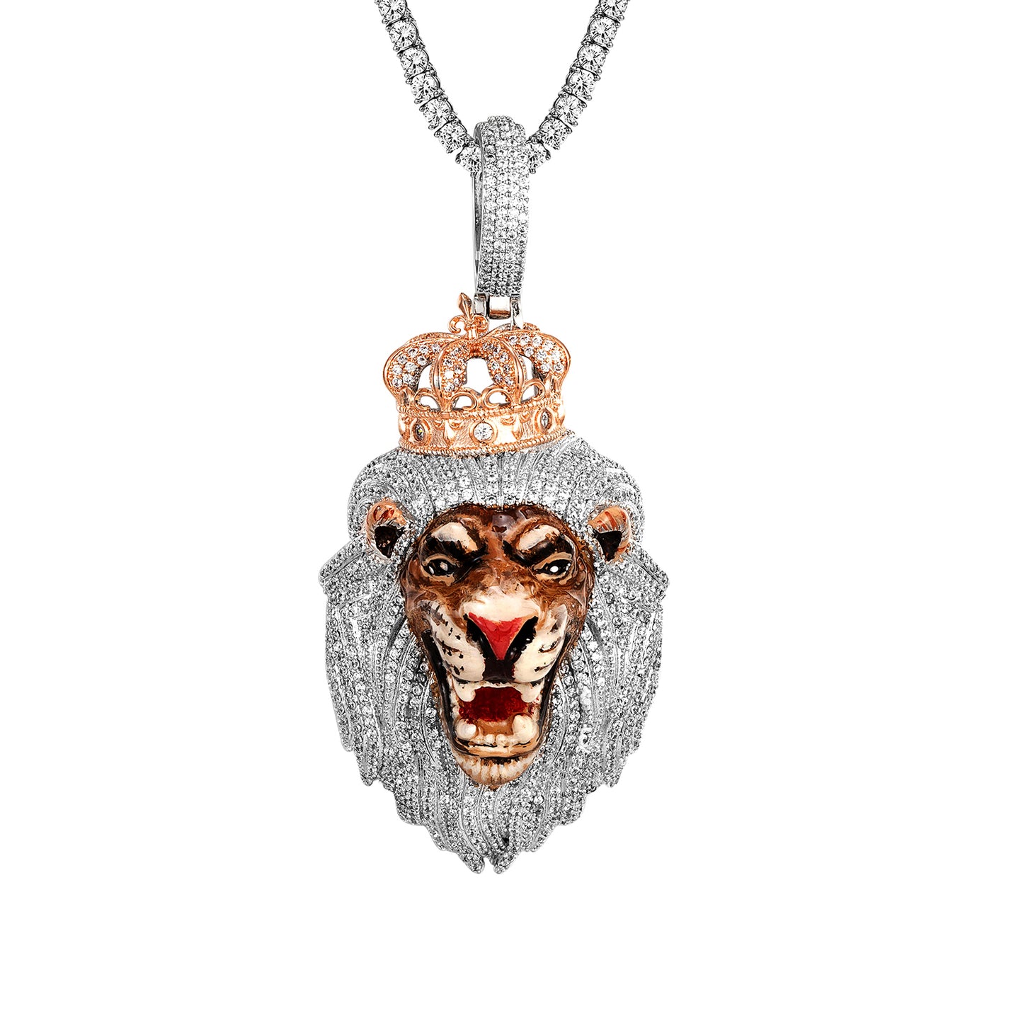 Sterling Silver Roaring Lion Two Tone White Gold 3D Pendant
