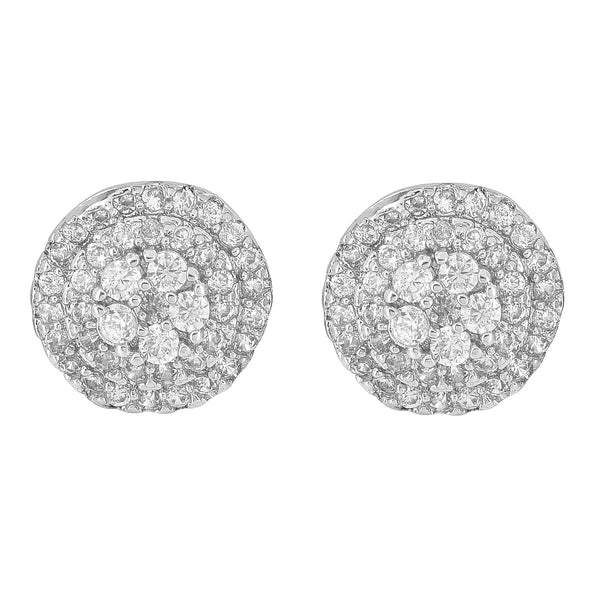 Mens Round Shape Earrings Silver Tone Cluster Set Simulated Diamonds