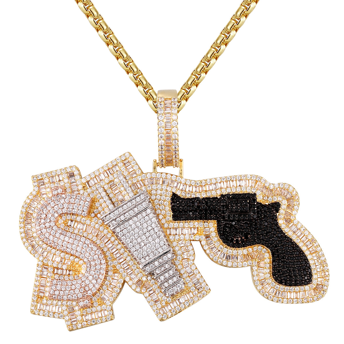 money power respect gun diamond icy bling baguette 3D pendant Chain