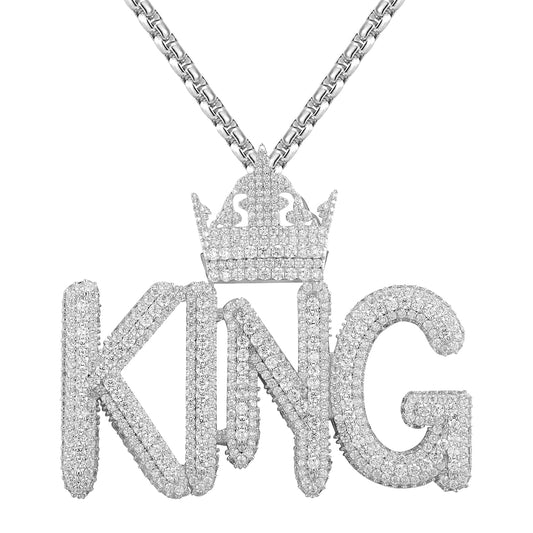 Mens Iced King Crown 3D Custom Pendant Necklace White Gold Finish
