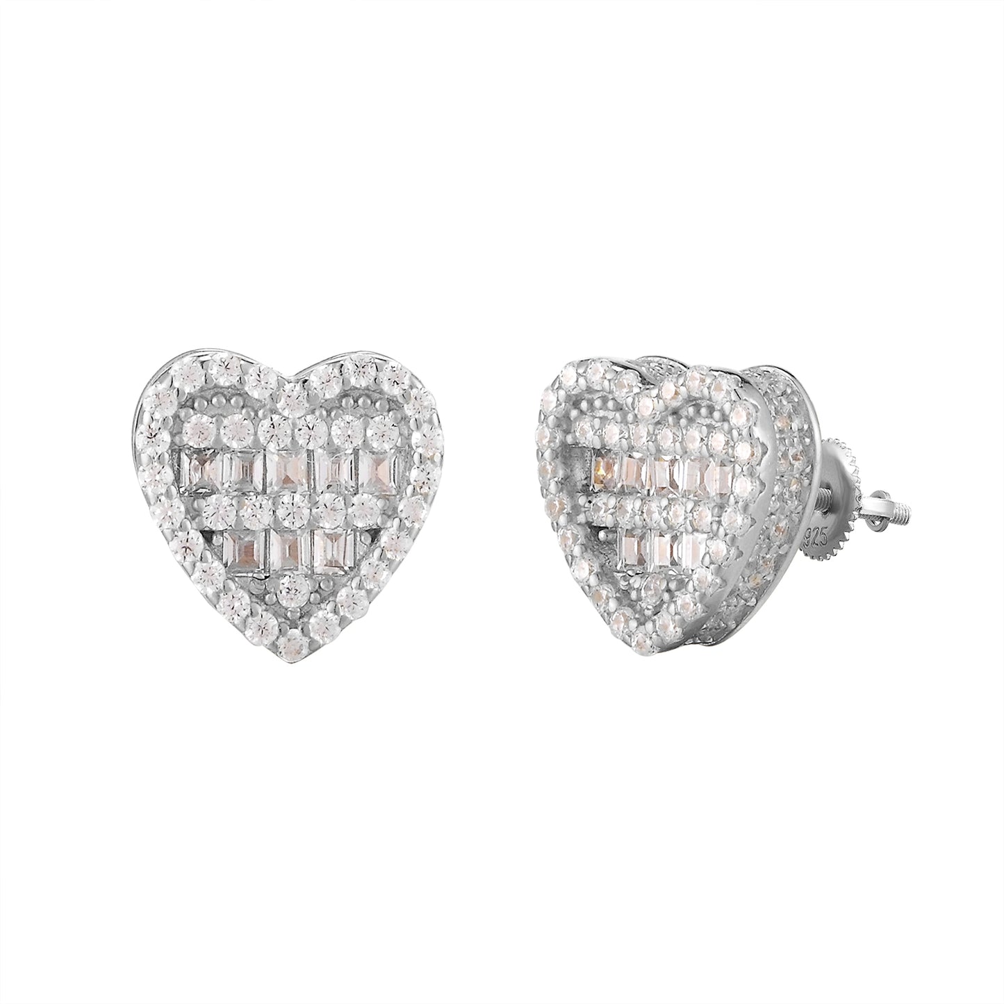 Baguette Solitaire Rows Icy Sides 3D Silver Heart Earrings
