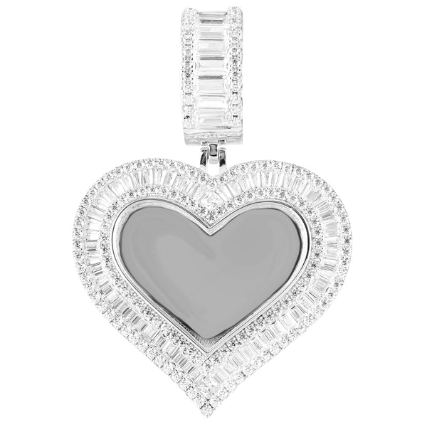 Silver Heart Baguette Picture Memory Pendant Tennis Chain