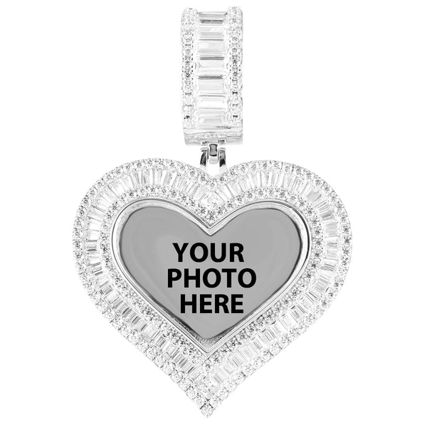 Silver Heart Baguette Picture Memory Pendant Tennis Chain