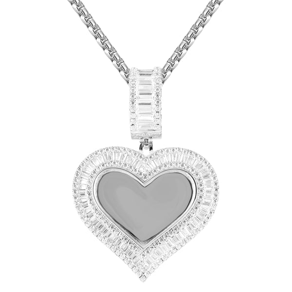 Silver Heart Baguette Picture Memory Pendant Tennis Chain